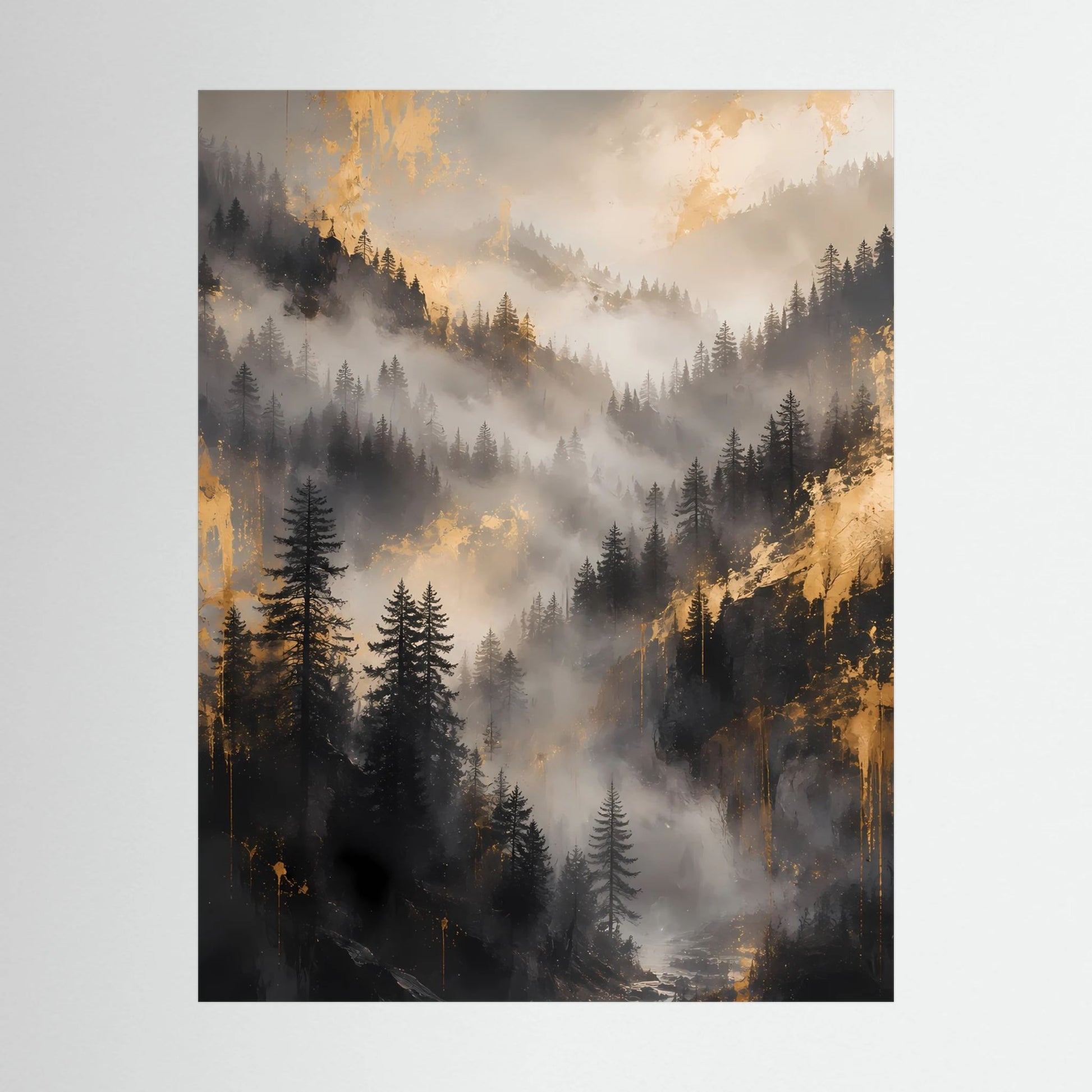 Poster im Hochformat mit nebligen Bergen, Tannenwald und gold-orangenen Lichtakzenten, weißer Rand