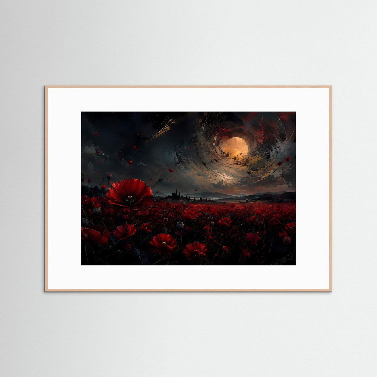 Gerahmtes Poster: Mohnblumenfeld bei Nacht mit Mond, naturfarbener Rahmen