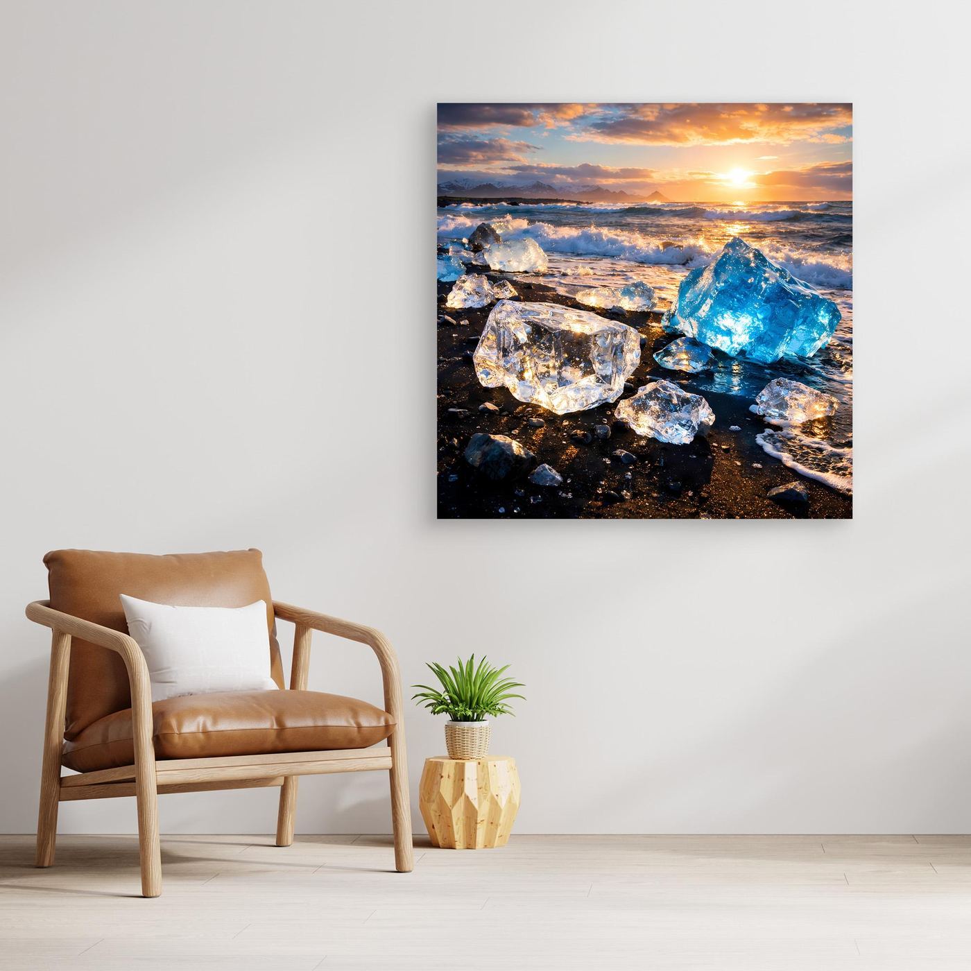 Leinwandbild mit Eisschollen am Strand und Sonnenuntergang, quadratisch