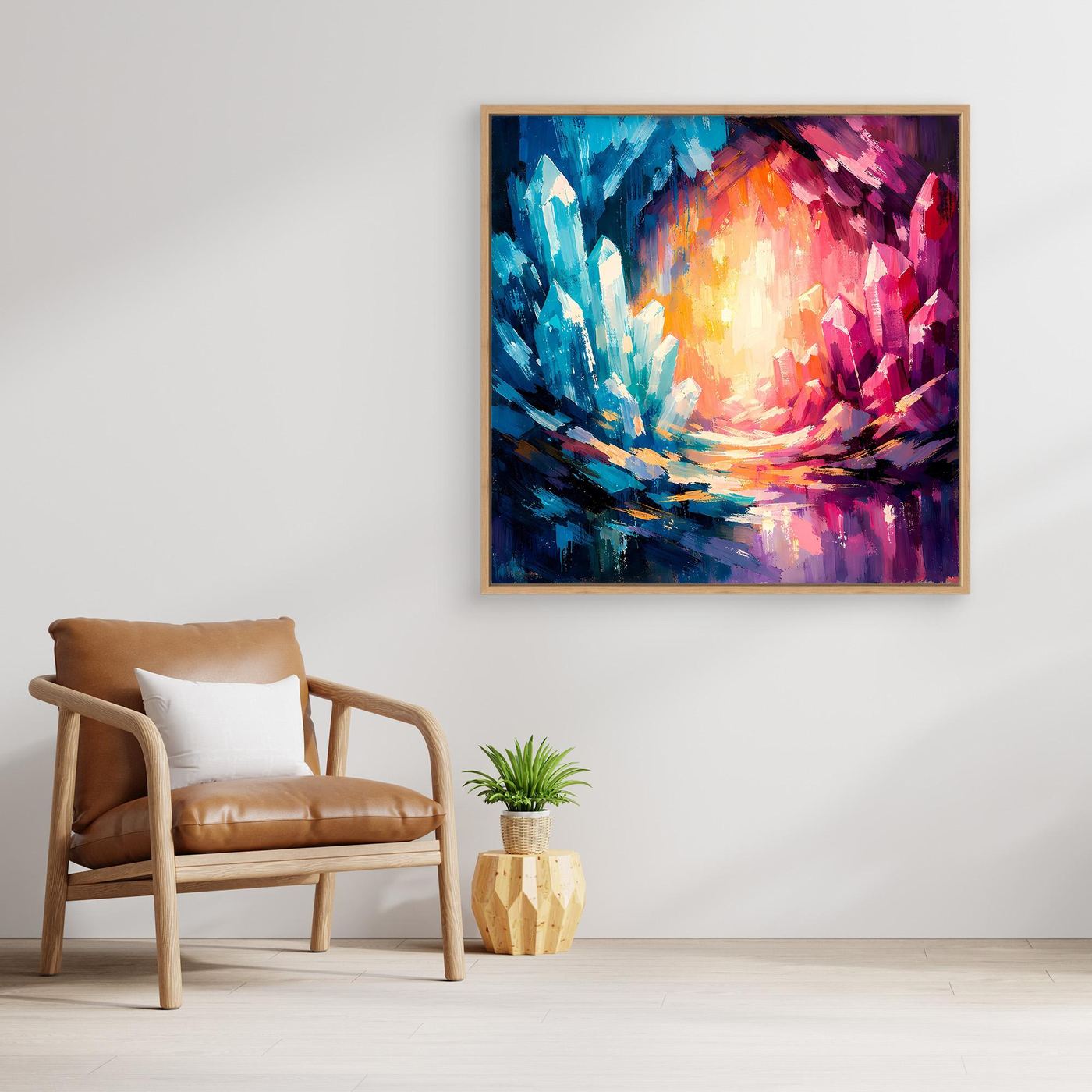 Abstract crystal canvas wall art with blue and magenta glow, in a wood frame