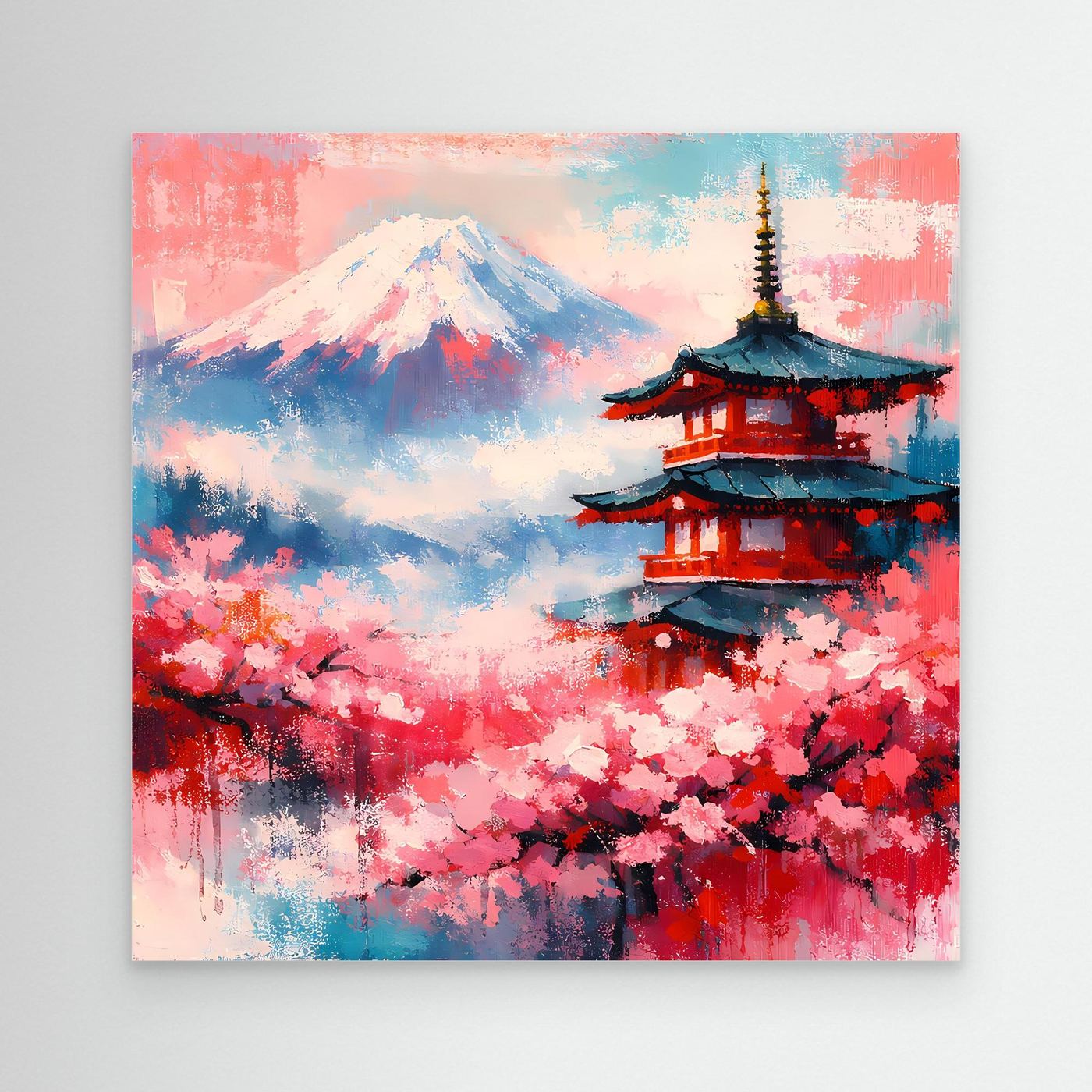 Leinwand-Wandbild mit Kirschblüten, Berg Fuji und Pagode, ohne Rahmen