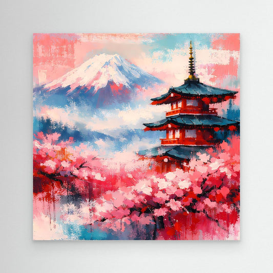Leinwand-Wandbild mit Kirschblüten, Berg Fuji und Pagode, ohne Rahmen
