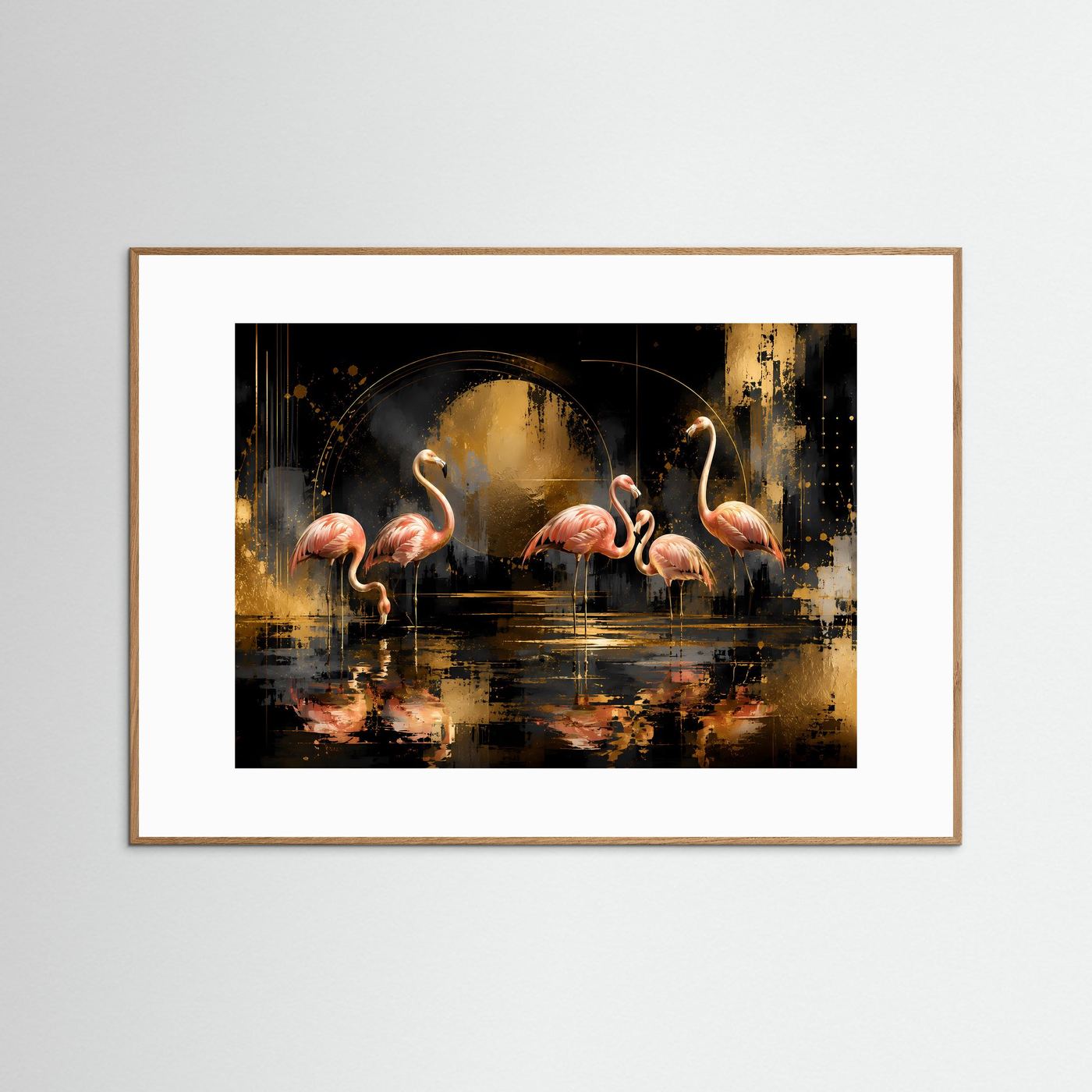 Poster Querformat: abstrakte Flamingos in Rosa/Schwarz/Gold, hellbraun gerahmt