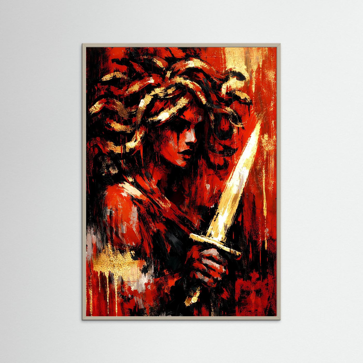 Hochformat-Kunstposter im grauen Rahmen: abstraktes Frauenporträt, Rot, Gold, Schwarz