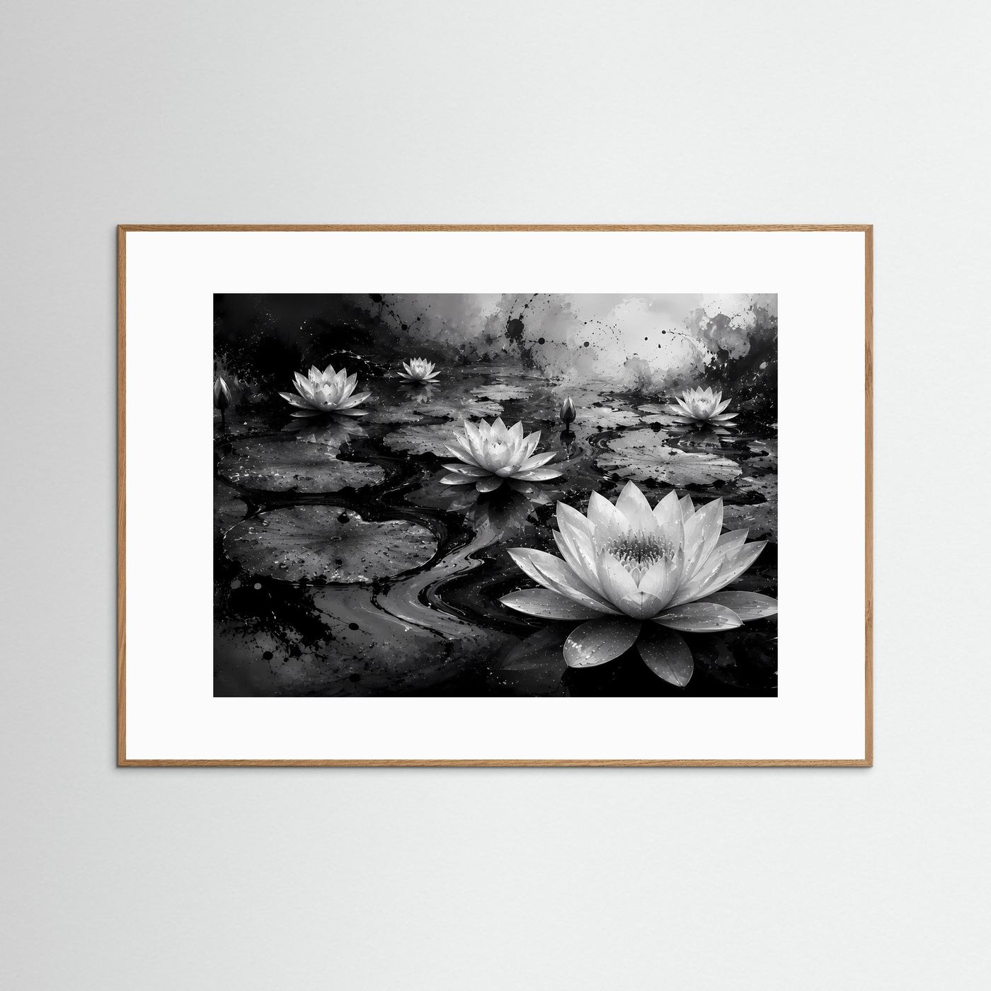 Weiße Seerosen auf schwarzem Wasser | Elegante Schwarz-Weiß Naturkunst – Moderner Lotus Teich
