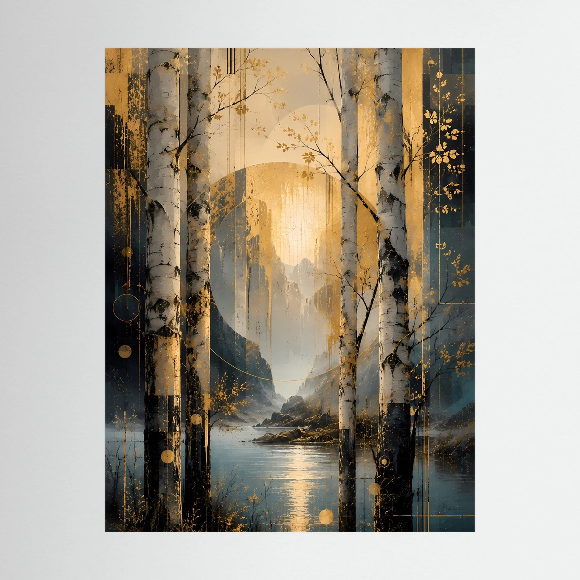 Hochformat-Poster: Nahansicht von Birkenwald, goldener Sonne, Petrolfarben und See