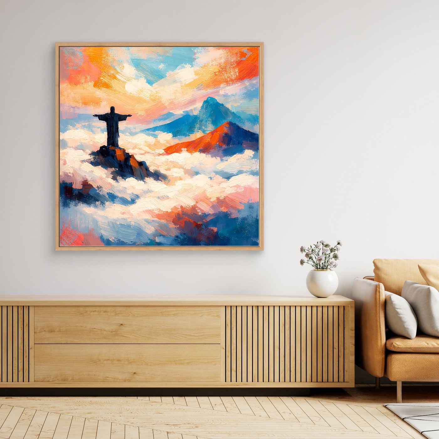 Leinwand-Wandbild mit Kreuz über Wolken und Berg, goldener Rahmen, bunte Farbflächen