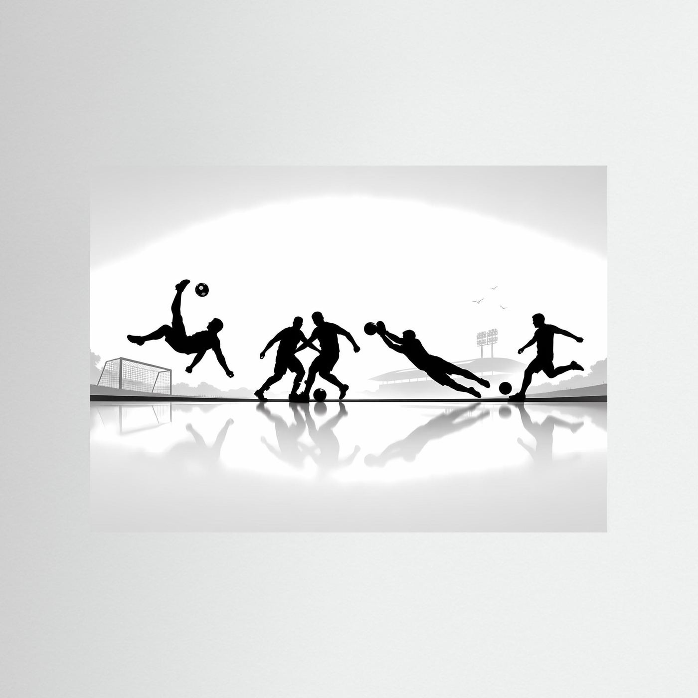 Fußball-Poster mit schwarzweißen Spieler-Silhouetten in Action, Querformat