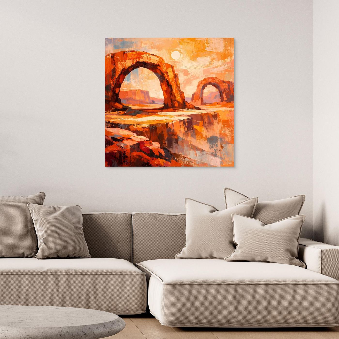 Quadratisches Leinwand-Wandbild mit orange-roten Canyons, zwei Bögen und spiegelnder Fläche.