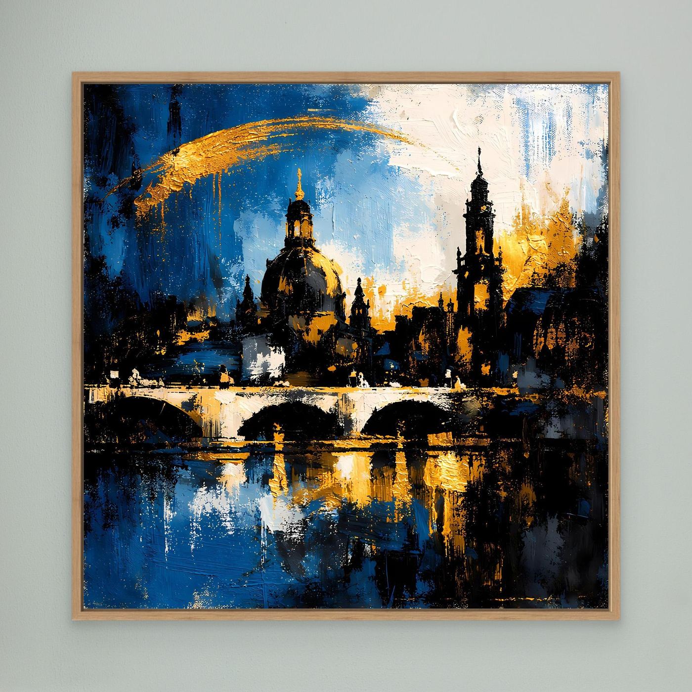 Leinwand-Wandbild mit abstrakter Skyline in Blau, Gold und Schwarz, Elbansicht mit Holzrahmen