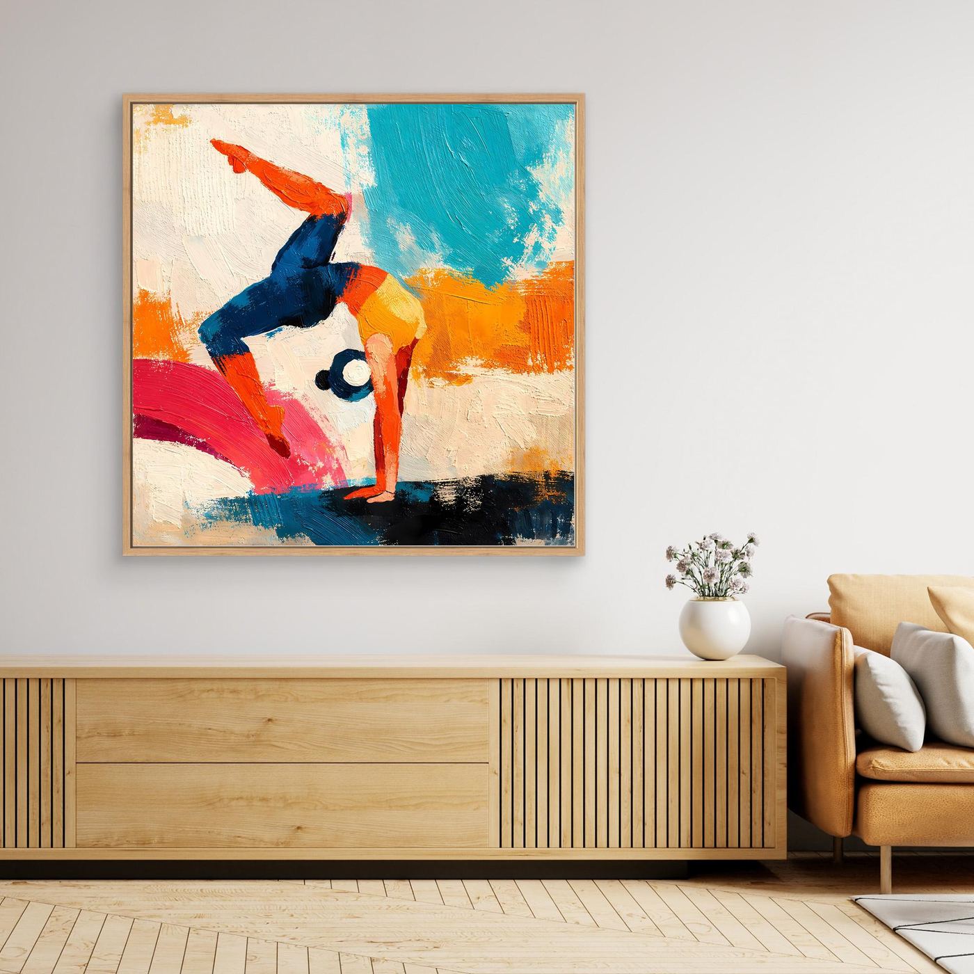 Oak-framed handstand yoga figure wall art with abstract multicolor brushstrokes