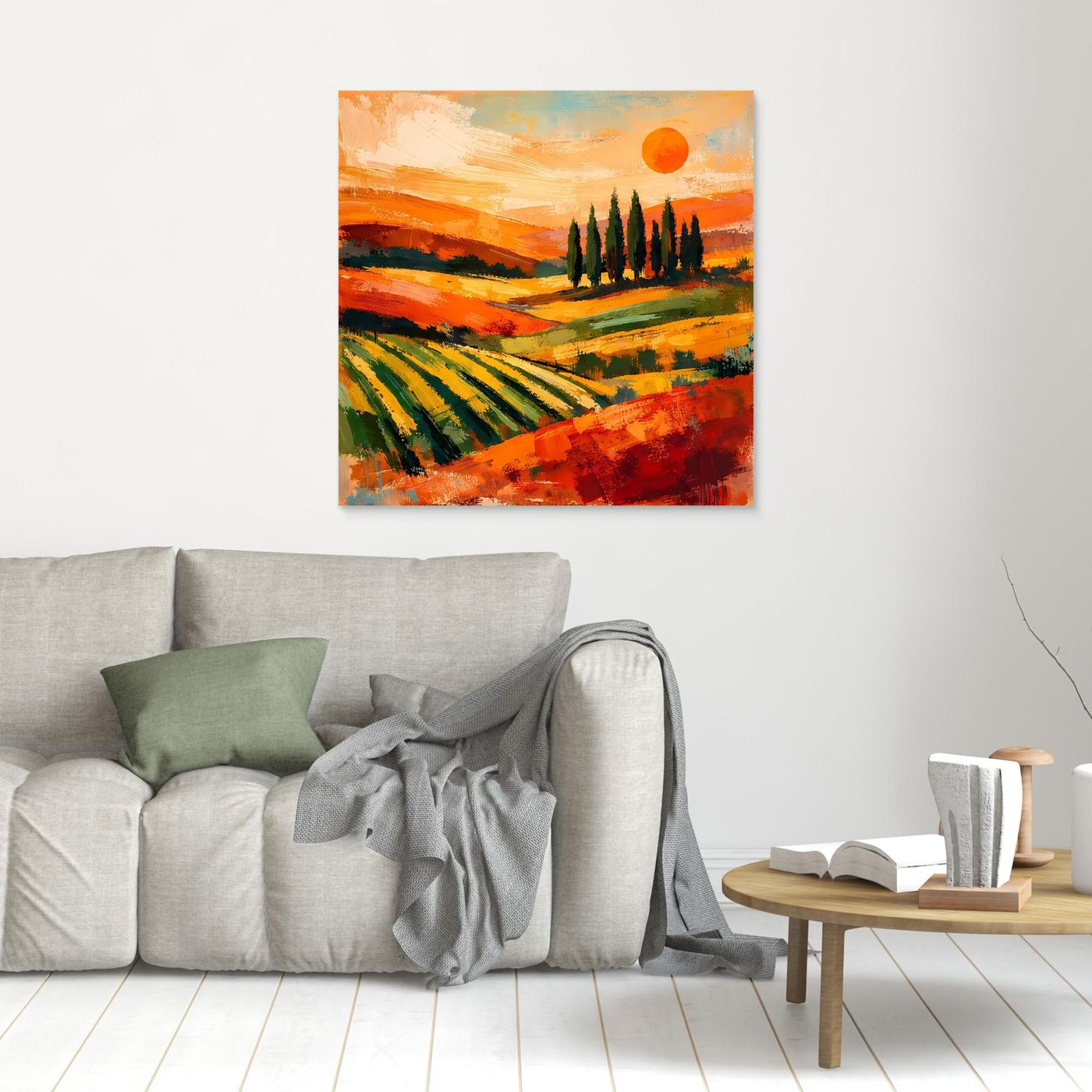 Kleines Leinwand-Wandbild Toskanische Hügellandschaft mit orangefarbener Sonne und Zypressen