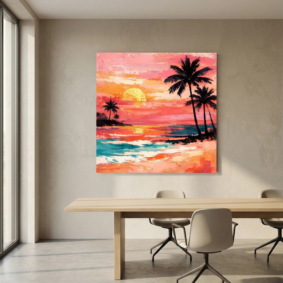 Leinwand-Wandbild mit Palmen und Strandpanorama, abstrakte Sonnenuntergangsfarben in Terrakotta.