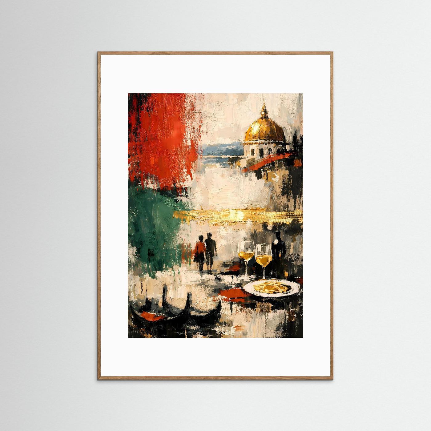 Abstraktes Kunstposter im Hochformat mit rotem Balken und goldener Kuppel, holzfarben gerahmt