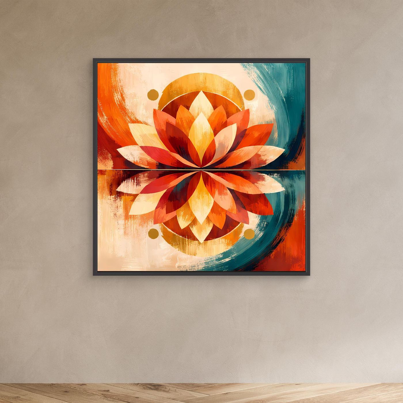 Leinwandbild mit symmetrischer Lotusblüte, abstrakt in Orange und Türkis, im dunklen Rahmen.