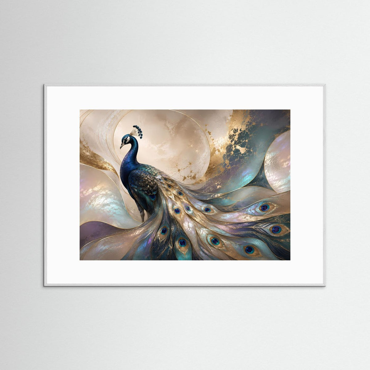Pfauenfeder-Poster Querformat mit blauem Pfau, türkisblauen Federn und Goldsprenkeln, weiß gerahmt