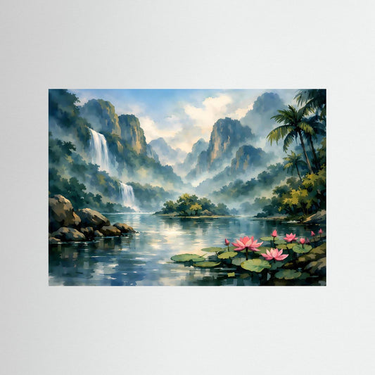 Querformatiger Kunst-Print: Wasserfall, tropischer See mit Seerosen und Palmen.
