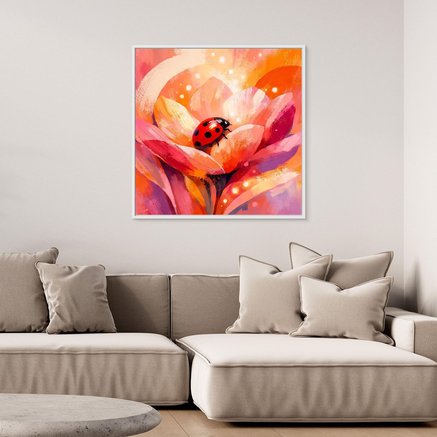 Gerahmtes Leinwandbild mit Marienkäfer auf Blüten, abstrakte Farbfelder in Pink und Orange
