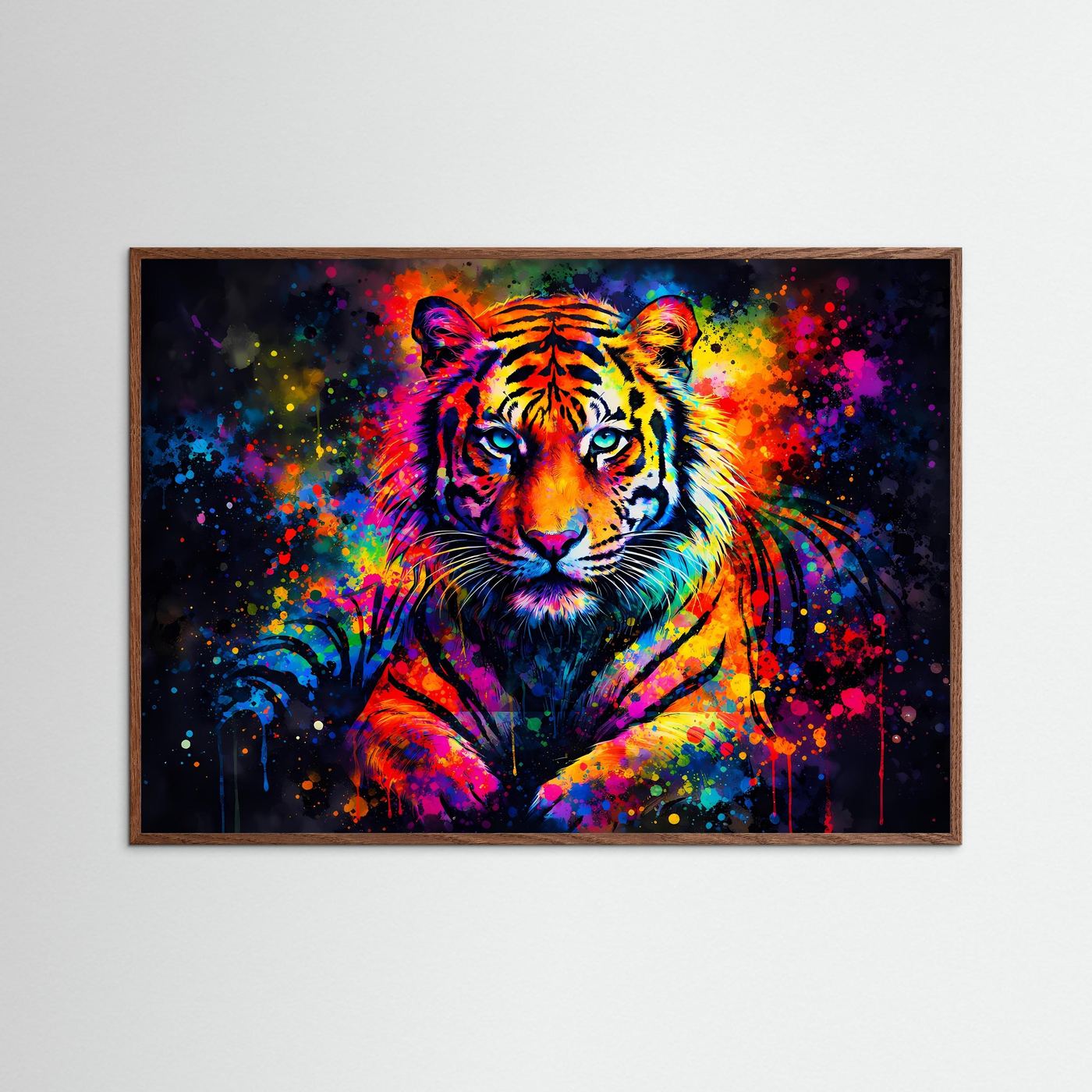 Tiger-Pop-Art-Poster im Querformat mit Tiger im Spritzfarben-Look und dunklem Eichenrahmen
