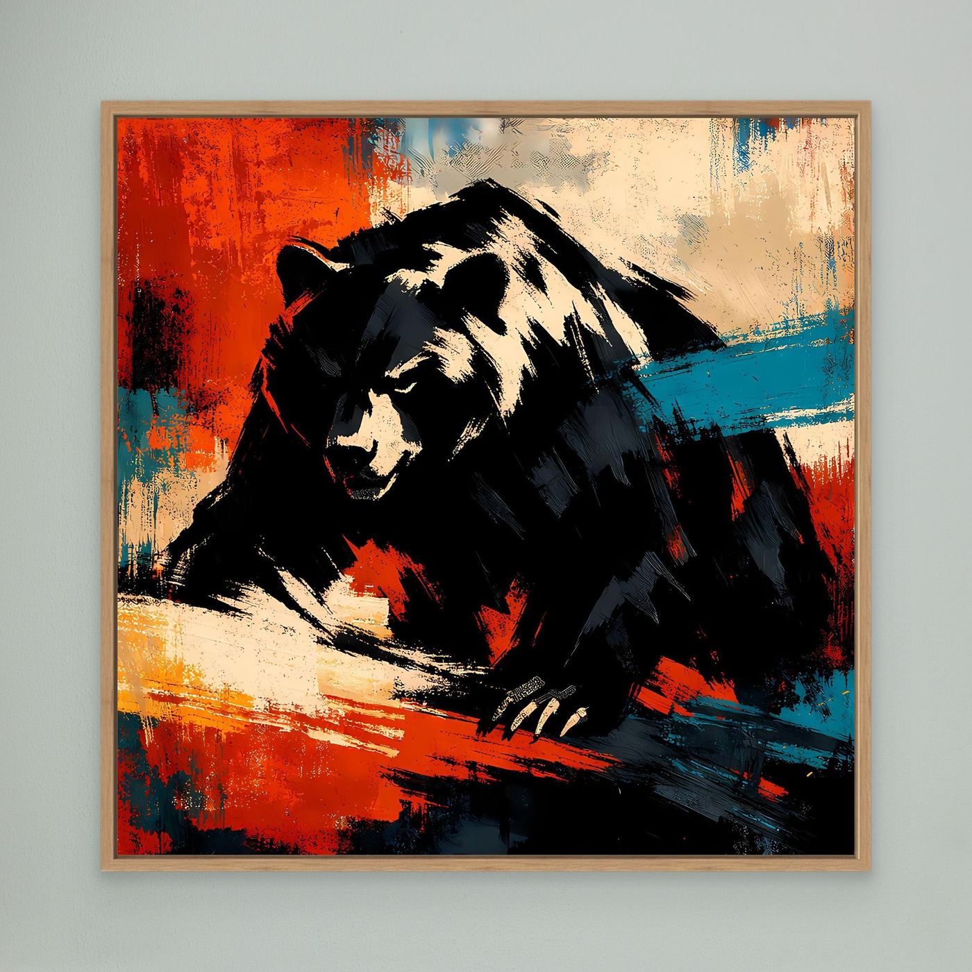 Leinwand-Wandbild mit Grizzlybär im hellbraunen Holzrahmen, Rot und Blau