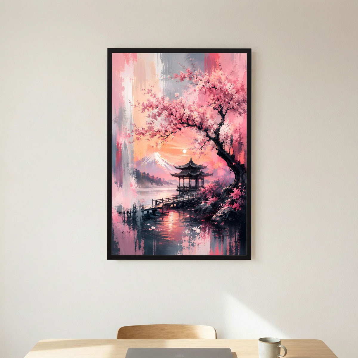 Hochformatiges Japan-Landschaftsposter mit Kirschblüten, Pagode und Wasser, schwarzer Rahmen