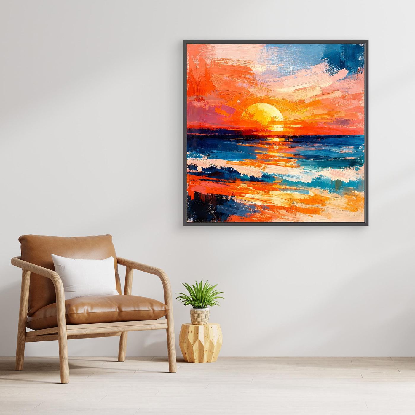 Black-framed abstract ocean canvas with orange sunset and blue wave reflections