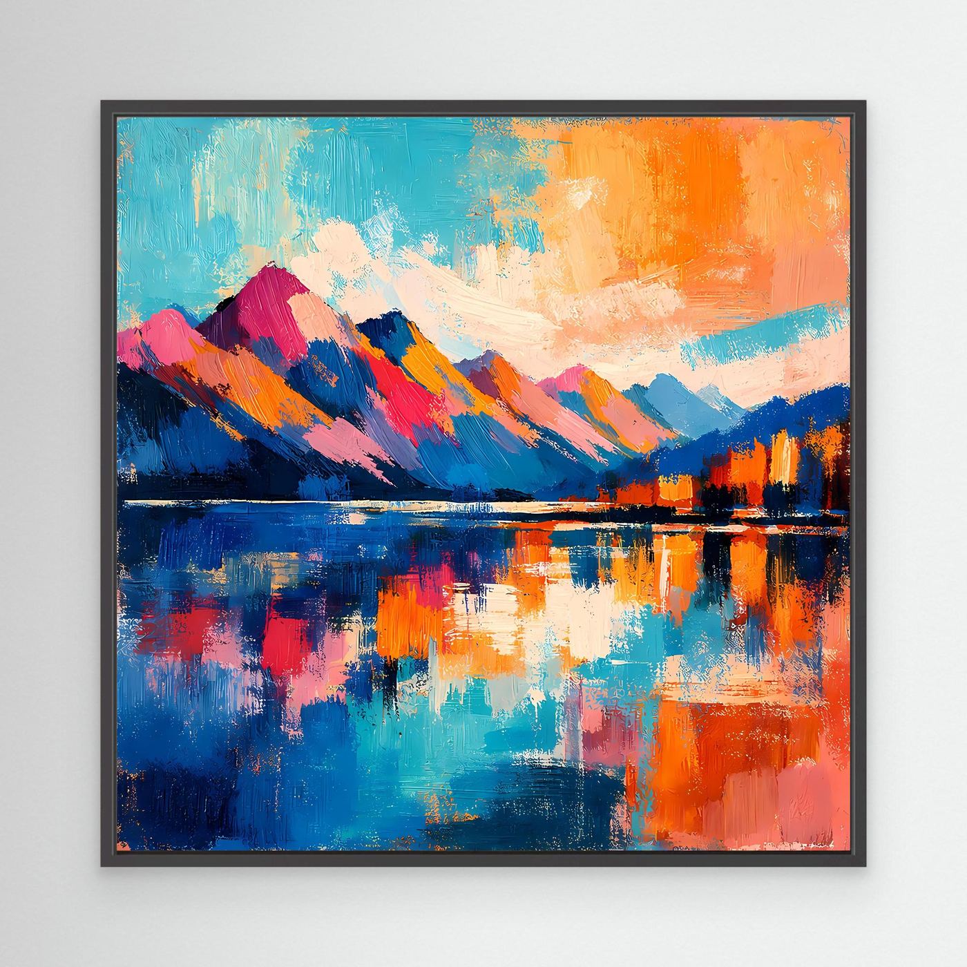 Leinwand-Wandbild mit abstrakter Bergkette am See in Blau und Orange, mit schwarzem Rahmen