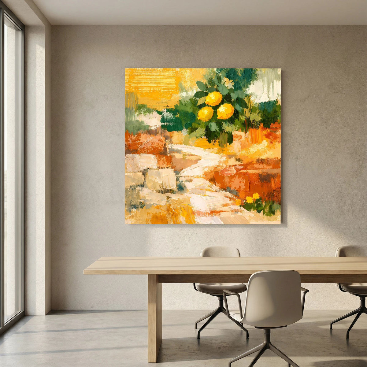 Wandbild mit abstraktem Wegmotiv und gelben Zitronen am Zweig, in Grün und Orange