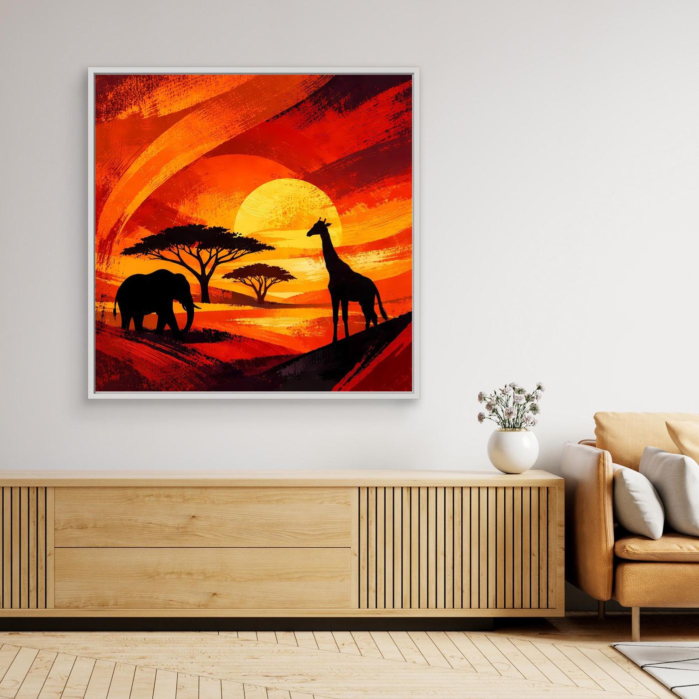Gerahmtes Leinwandbild mit Afrikasavanne, Silhouetten von Giraffe und Elefant, warmes Orange