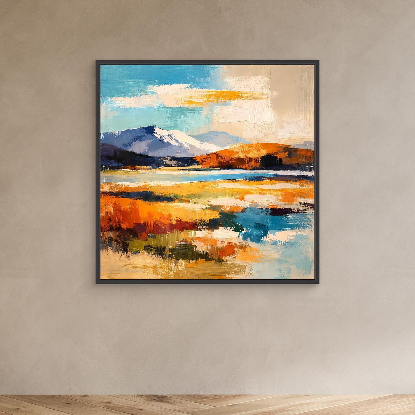 Leinwand-Wandbild mit abstrakter Berglandschaft, Blau-Orange Farbfelder, schwarzer Rahmen