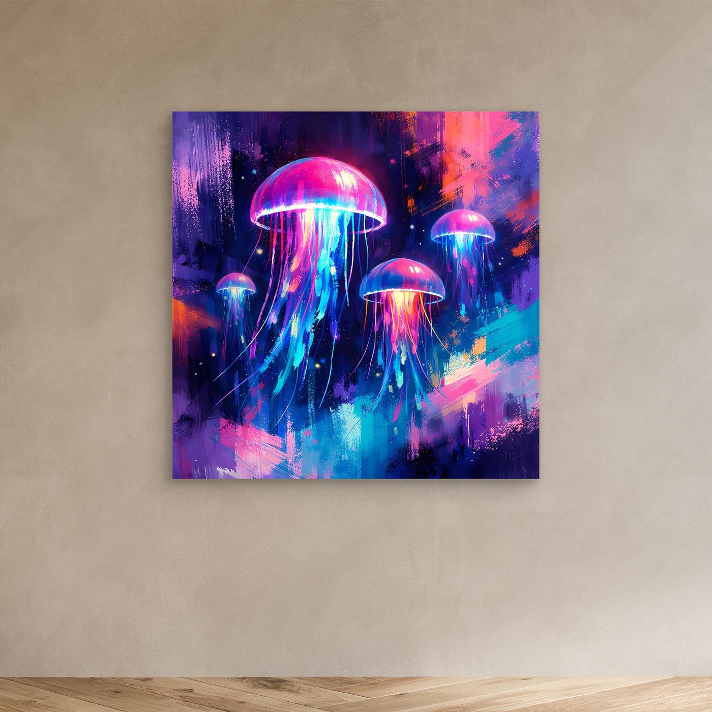 Leinwand Magische Leuchtquallen im Tiefsee-Ozean | Abstraktes Neon Wandbild
