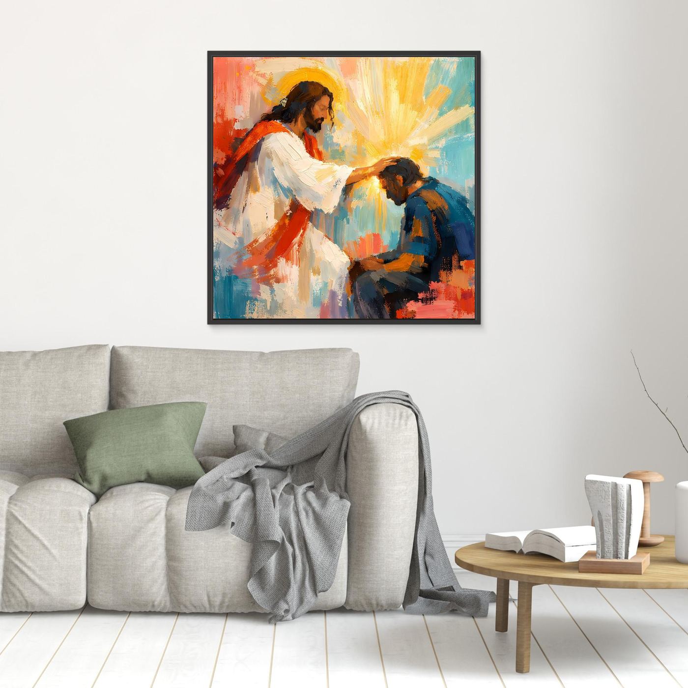 Black-framed abstract canvas wall art: Jesus blessing a kneeling man