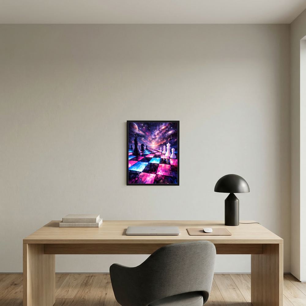 Schachposter im schwarzen Rahmen mit kosmischem Schachbrettmotiv, Planeten und Sternhimmel