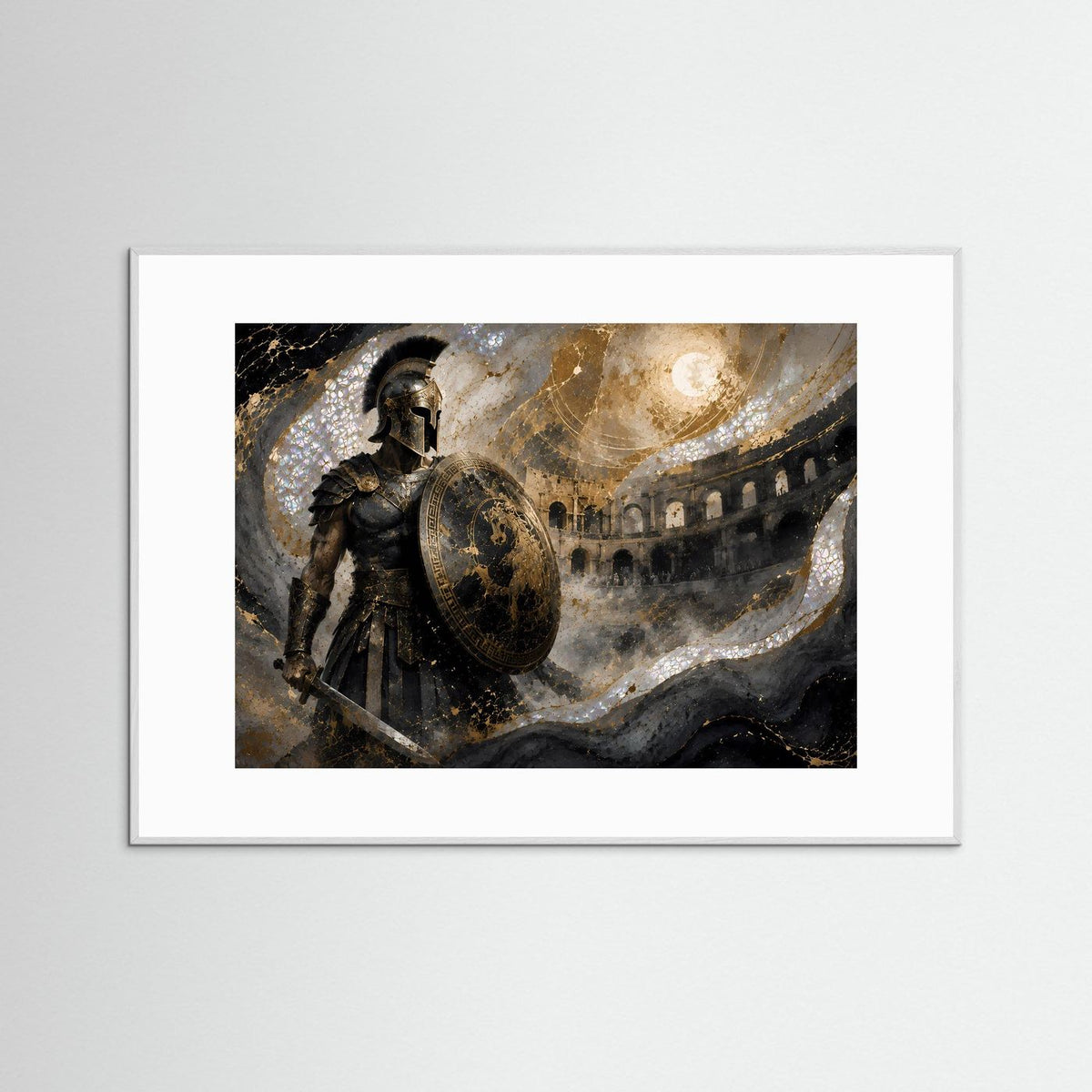 Poster mit römischem Gladiator in dunkler Rüstung, Schild in Gold, im hellen Rahmen mit weißem Rand.