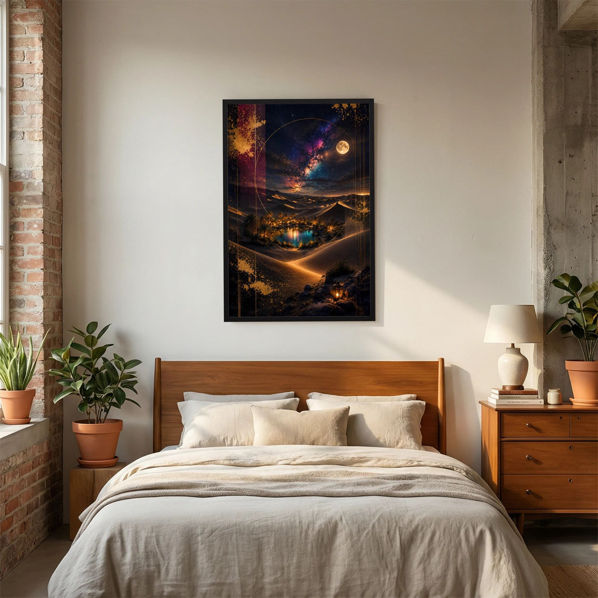 Hochformat-Poster mit schwarzem Rahmen über Bett: Wüstenoase bei Vollmond und Sternenhimmel