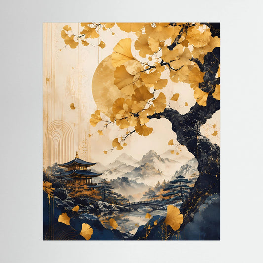 Hochformat-Poster mit goldgelbem Ginkgobaum, Pagode, Bergen und Flusslandschaft