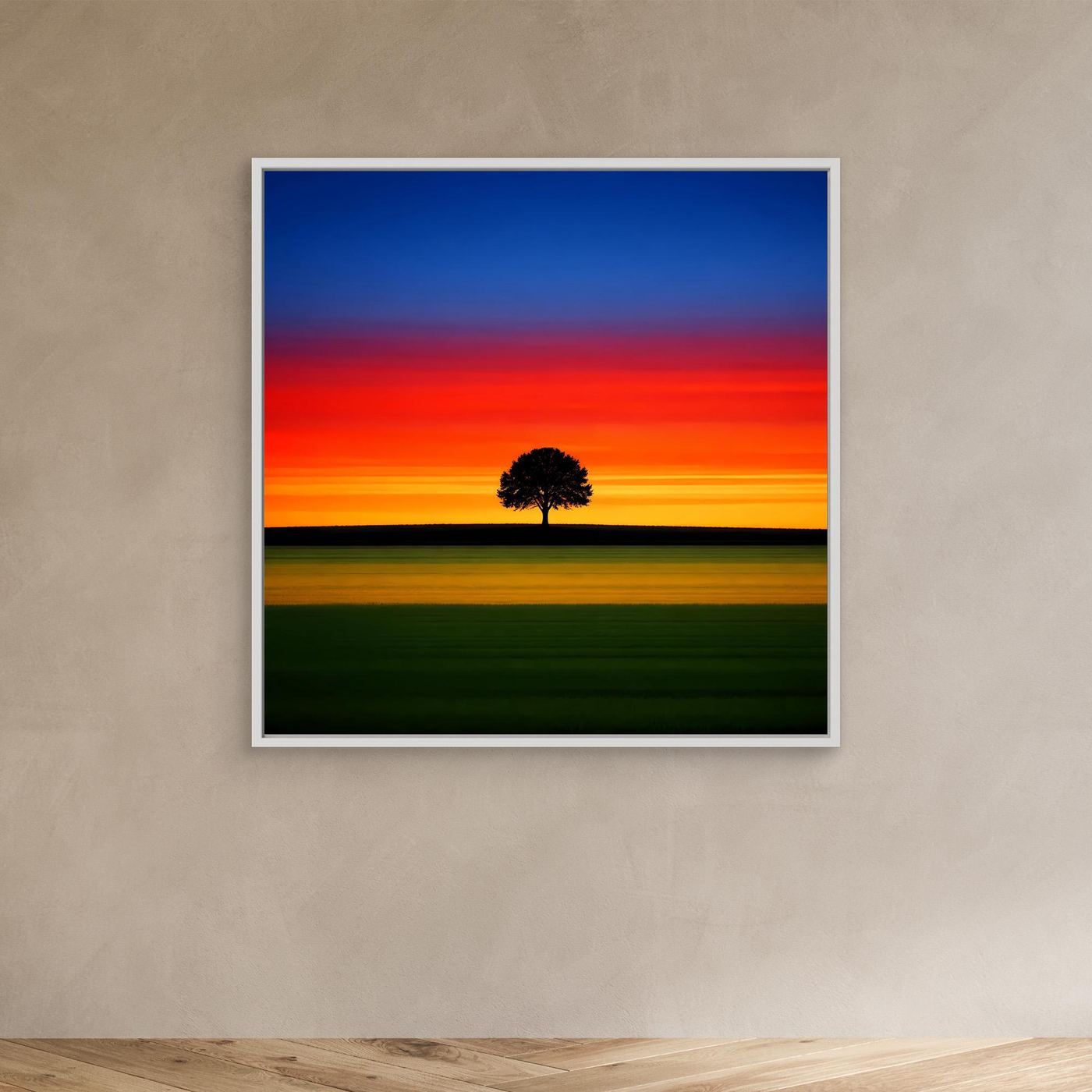 Leinwandbild: Sonnenuntergang mit Baum-Silhouette, weißer Holzrahmen