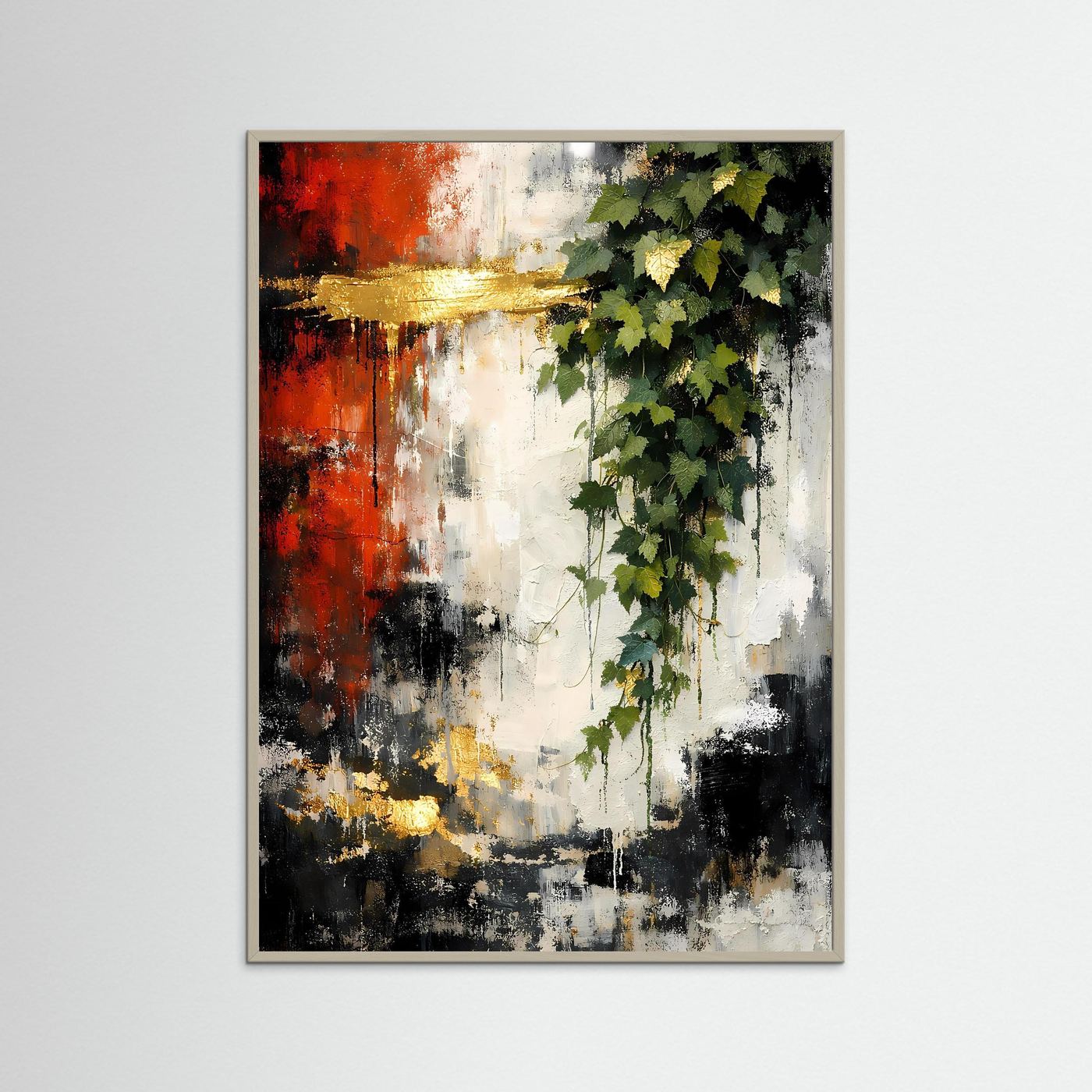 Kunstposter im Hochformat mit Efeublättern, Goldakzenten und kontrastreichen Schwarz-Rot-Bereichen im grauen Rahmen