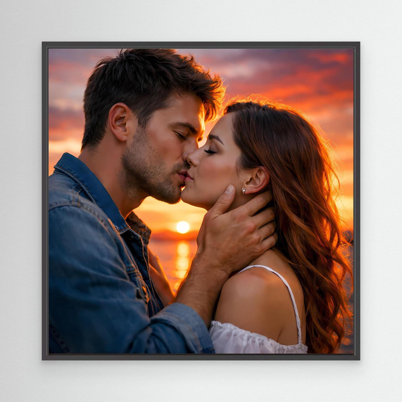 Leinwand Romantischer Kuss im Abendrot | Sinnliches Paar Wandbild