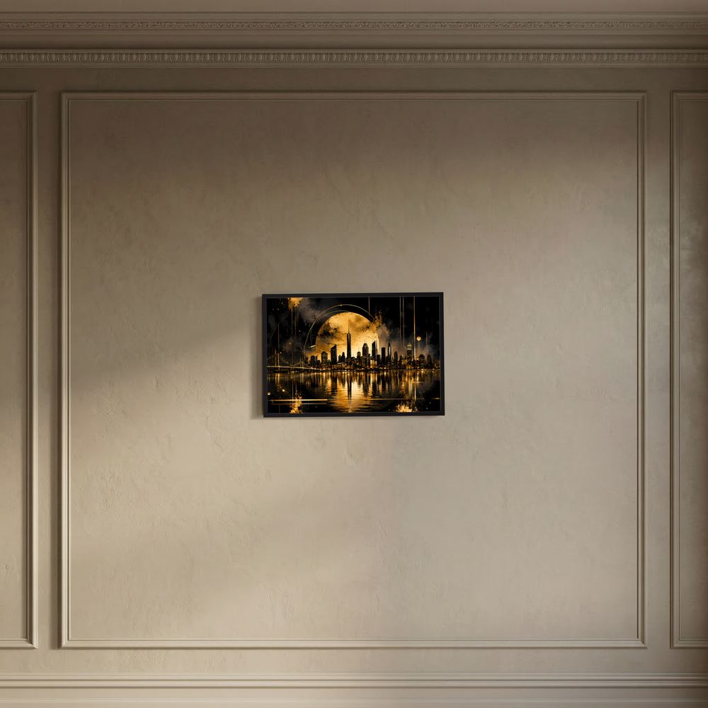 Wandposter im dunklen Rahmen: goldene Skyline mit Spiegelung bei Nacht