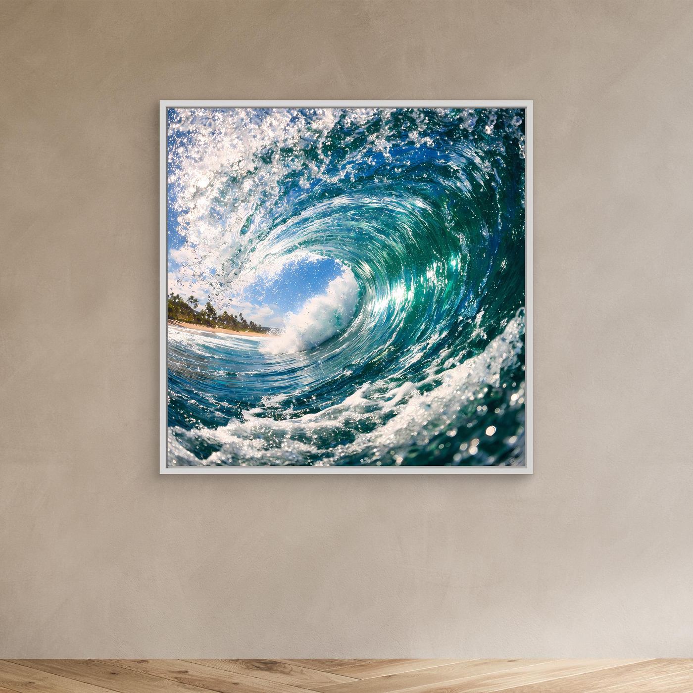 Leinwandbild mit Wellenmotiv an der Wand: türkisblaue Welle, hellgrauer Rahmen