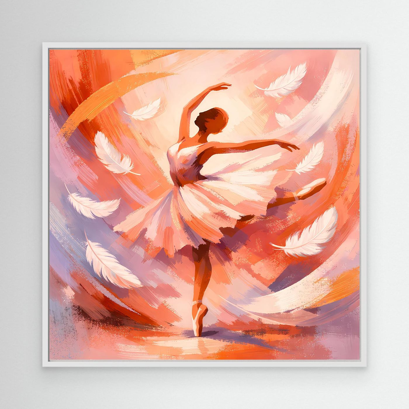 Abstraktes Leinwandbild mit Ballerina in warmen Orange- und Pinktönen, weißer Rahmen