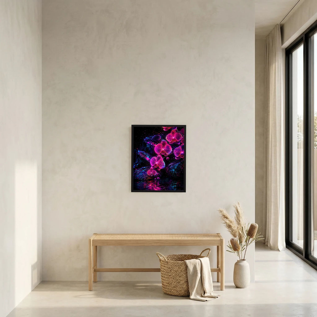 Wandkunst: gerahmtes Hochformat-Kunstposter mit leuchtenden Orchideen in Pink und Violett