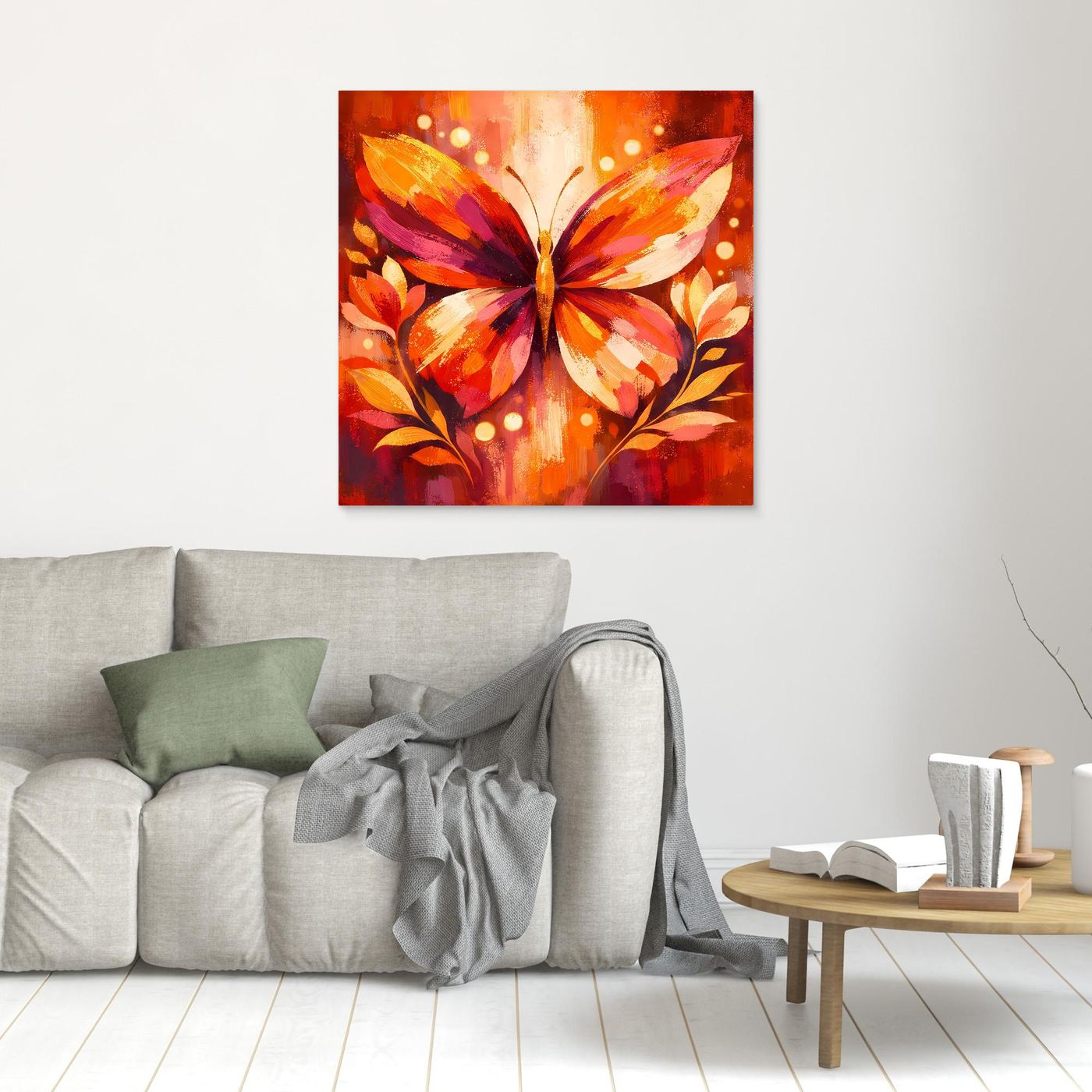 Kleines Leinwandbild mit Schmetterling-Illustration in Orange und Lila, goldene Akzente