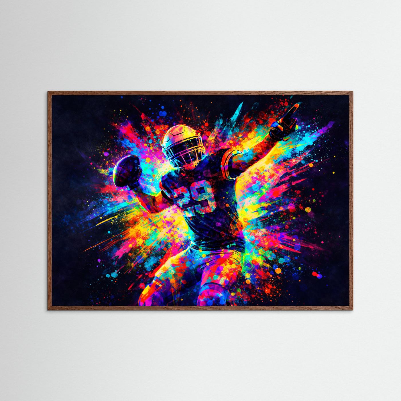 Neon-Poster mit Quarterback im Sprung, grelle Farbspritzer, dunkelbrauner Rahmen