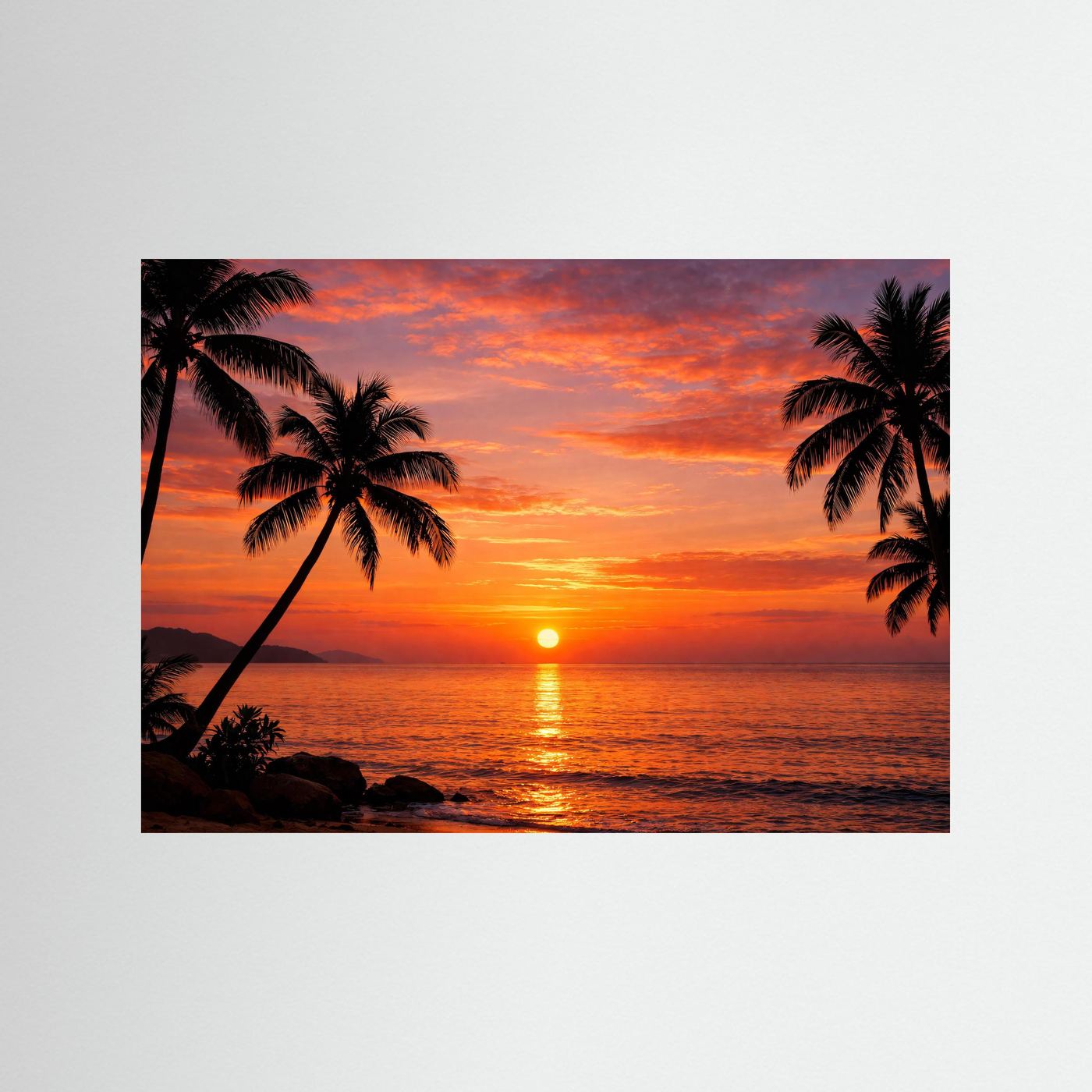 Wandbild mit tropischem Sonnenuntergang, Palmen-Silhouetten und Meerblick