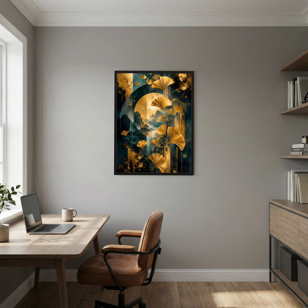 Wandposter im Hochformat mit goldenen Ginkgo-Blättern und petrolblauen Farbtönen, schwarzer Rahmen