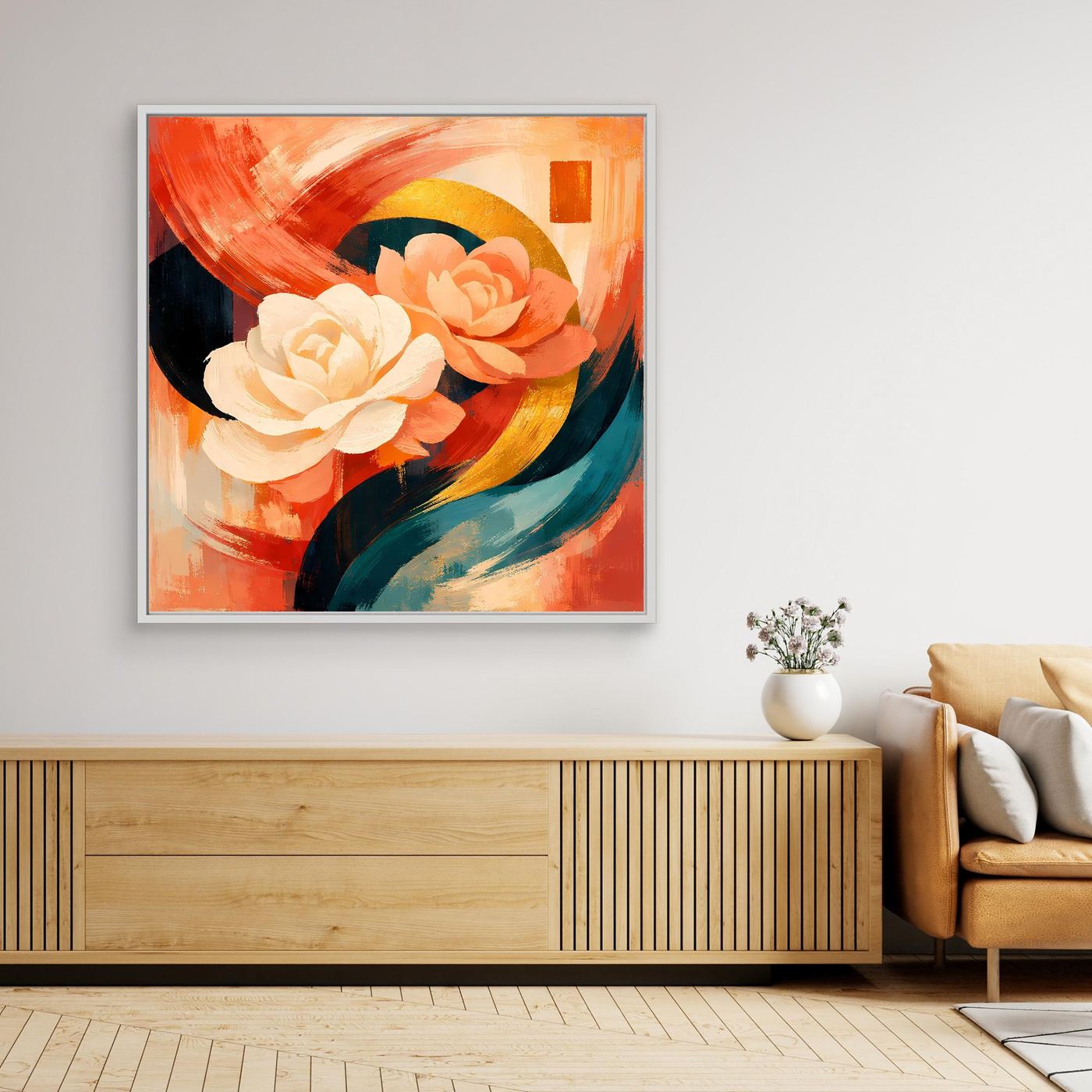 Leinwandbild mit abstrakten Rosen, orangeweiße Blumen, silberner Rahmen