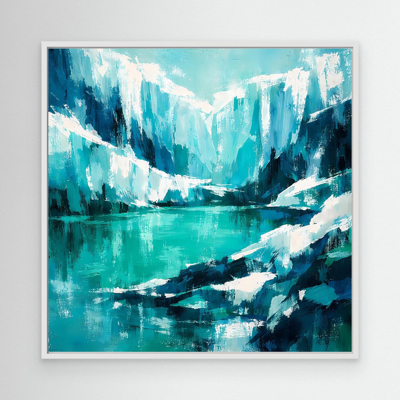 Abstraktes Leinwand-Wandbild mit Eisbergen und türkisfarbenem Wasser, mit weißem Rahmen