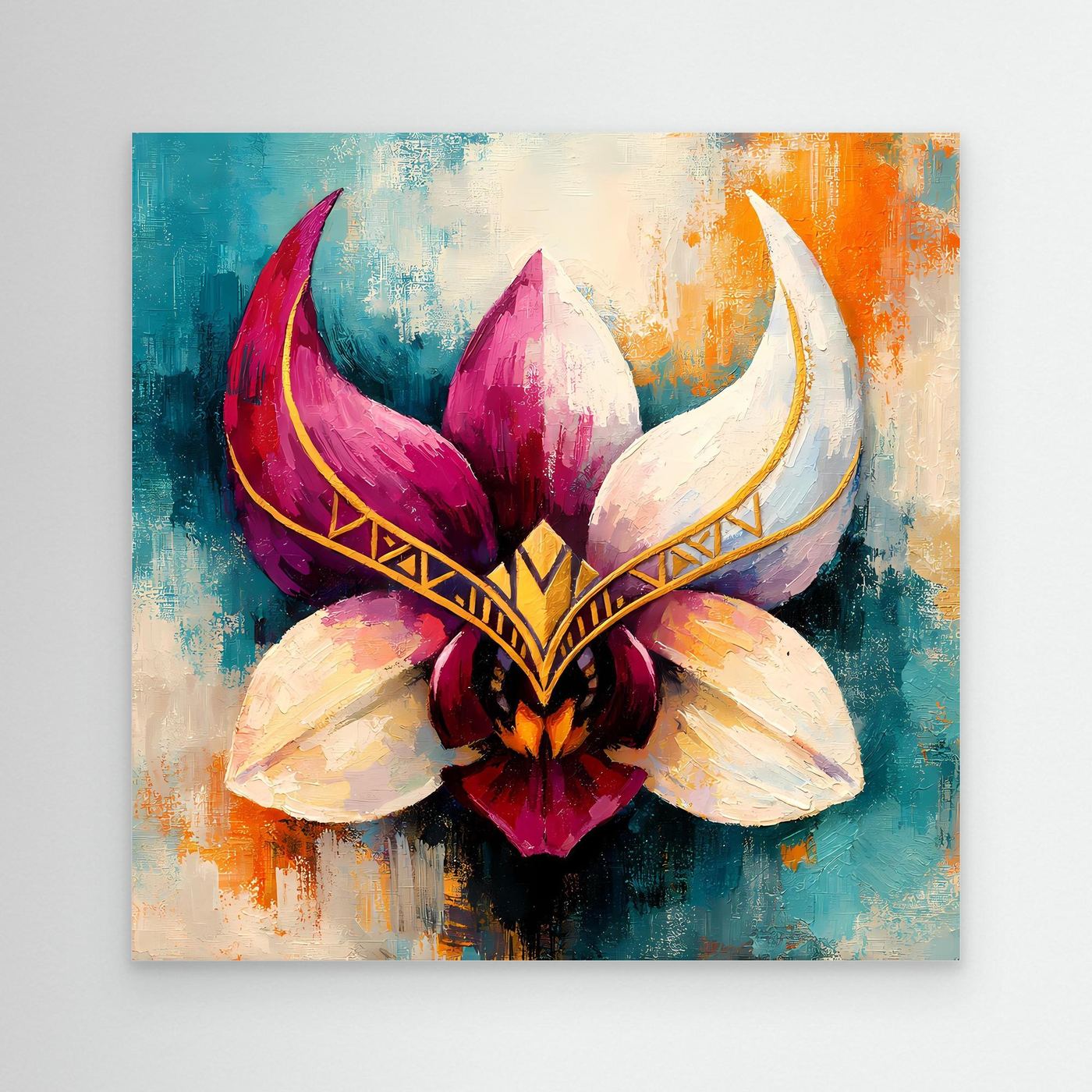 Premium Leinwand Mystische Orchideen-Maske in Gold | Abstraktes Florales Wandbild im Fantasy-Stil